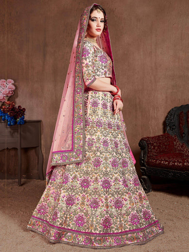 Pastel Pink Embroidered Taffeta Bridal Wear Lehenga Choli